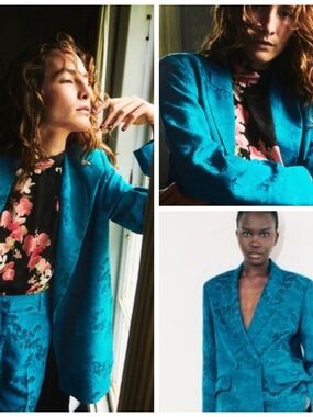 Zara Teal Floral-Jacquard Blazer Size L